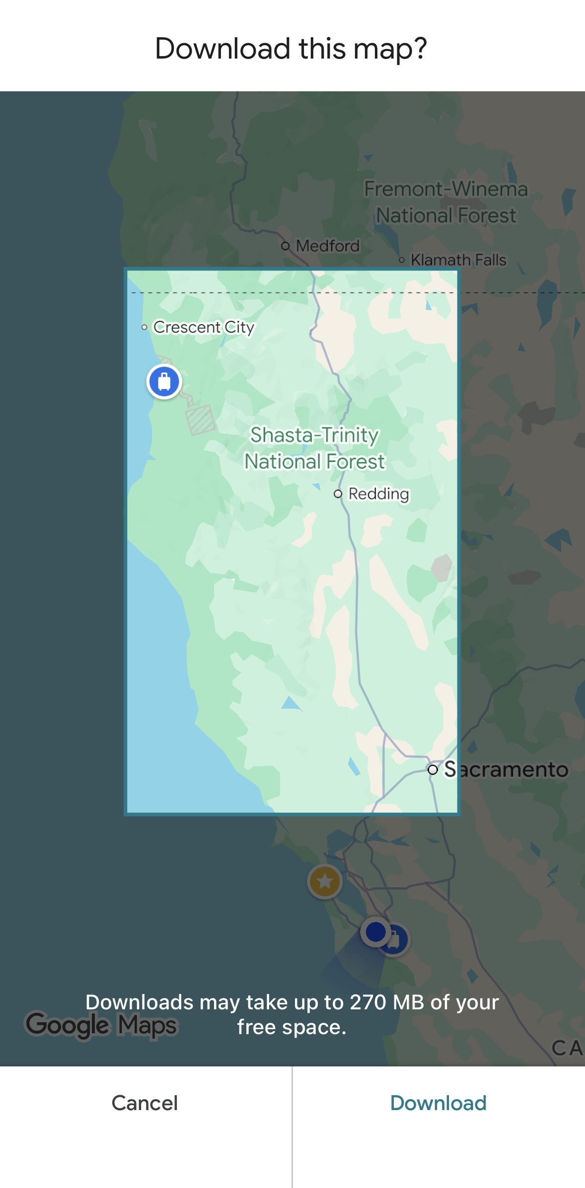 Google Maps offline map download area selection